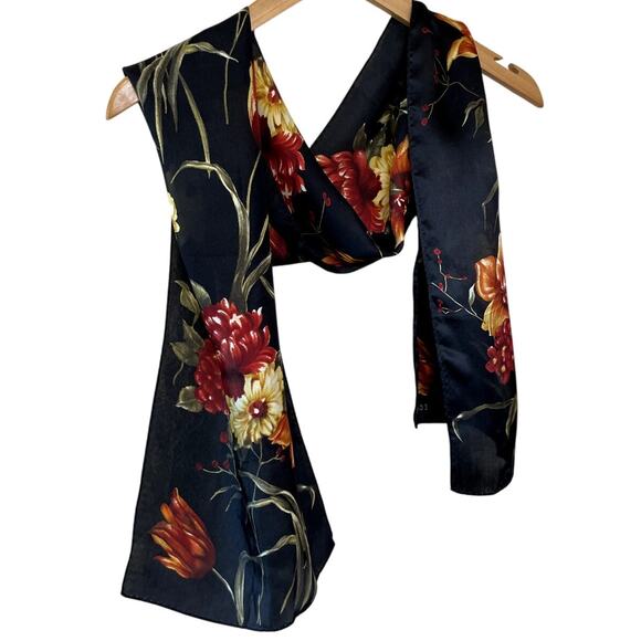 ECHO Black W/ Orange & Red Floral Print Silk Cottage Core Style Long Scarf - Picture 1 of 8